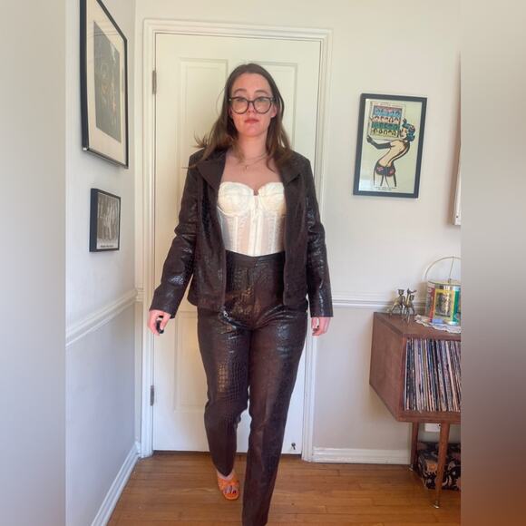 Vintage Pants - Y2K Vintage Faux Croc Skin Chocolate Brown Two Piece Pant Set